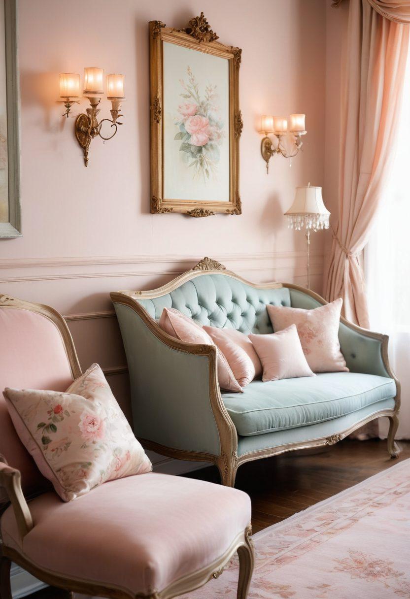 A cozy, intimate room featuring soft pastel colors, elegant floral patterns, and plush furnishings that evoke a sense of romance. Include candlelight reflections, fresh roses, and a soft throw draped over a chaise lounge. The walls are adorned with delicate, vintage-inspired artwork that inspires feelings of adoration. Ethereal lighting adds a warm glow, creating a dreamy atmosphere. super-realistic. soft focus. pastel colors.