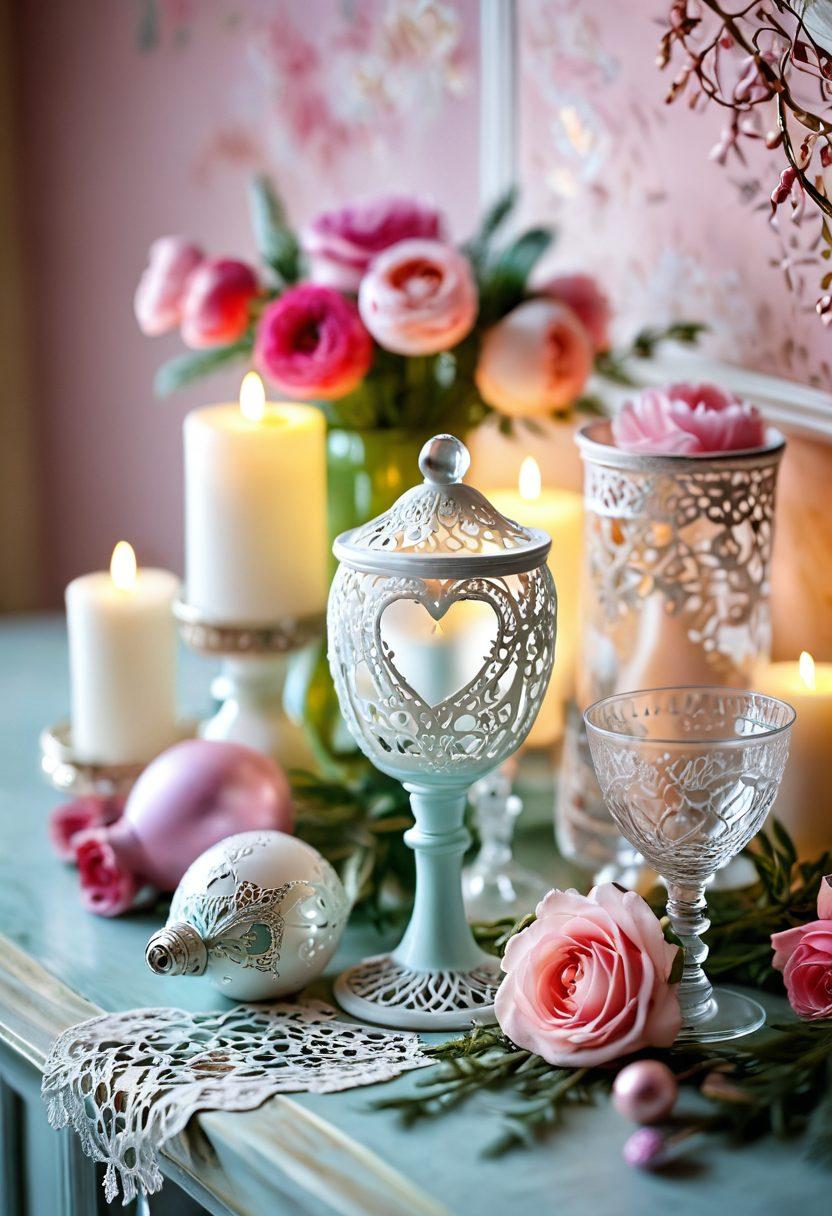 A beautifully arranged display of romantic ornaments, showcasing intricate designs such as heart-shaped trinkets, delicate lace doilies, and vintage-inspired glassware, all set against a softly lit, dreamy backdrop. Incorporate pastel colors and a touch of floral elements to enhance the romantic vibe. The atmosphere should evoke warmth and fondness, inviting viewers to explore the charm of these decorative pieces. super-realistic. vibrant colors. soft focus.