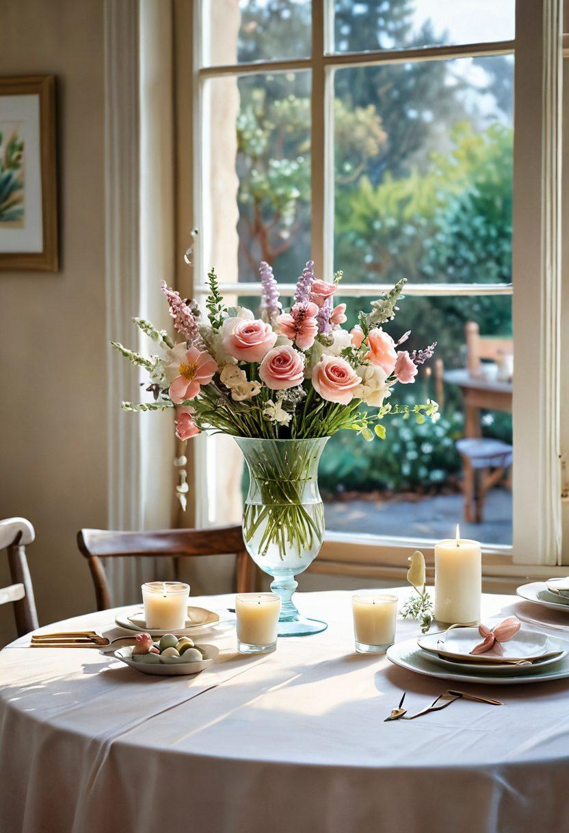 A cozy, inviting interior featuring soft pastel colors and delicate decor inspired by love and tenderness. Highlight a beautifully set table with floral arrangements, candles, and handmade crafts that evoke warmth and affection. Include subtle heart motifs in the decorations, and showcase natural lighting streaming through a window. The overall atmosphere should feel serene and romantic. watercolor painting. soft hues. natural light.